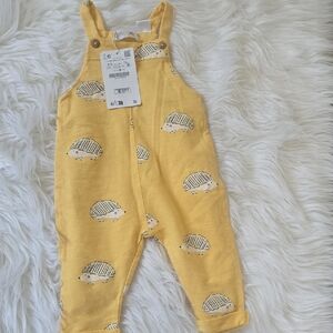 Zara Yellow Baby Overalls with Hedgehog Appliqué